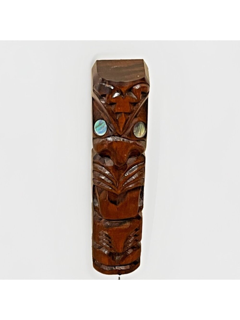 Vintage Maori 8" Wooden Tiki Totem Hand Carved New Zealand Abalone Shell Eyes